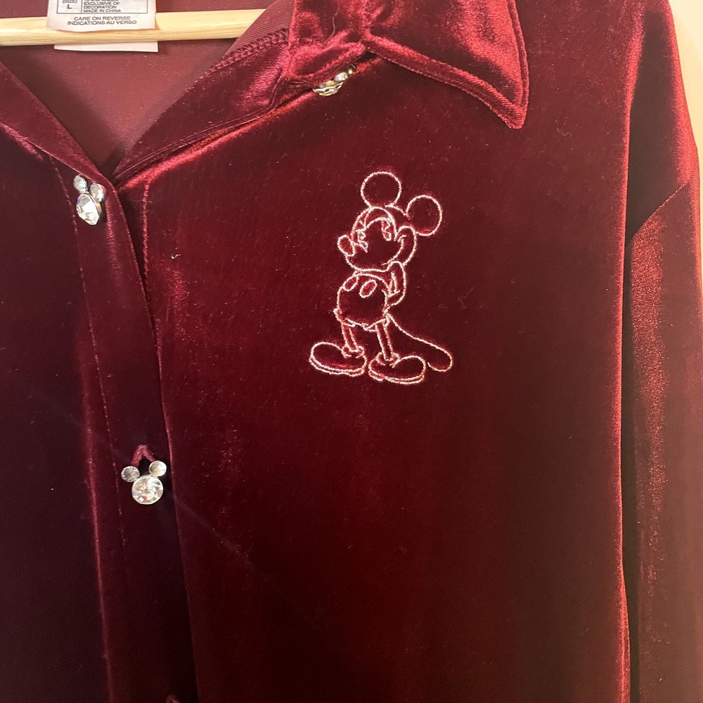 Vintage Disney Velour Long Sleeve Button Up in Burgundy Mickey Mouse SZ Large - Picture 6 of 14